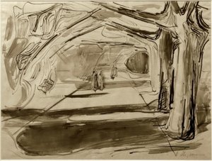 Promeneurs sous les arbres